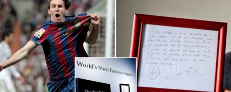 دستمالی که اولین قرارداد لیونل مسی با بارسلونا روی آن نوشته شده بود؛ قیمت ۱ میلیون دلار