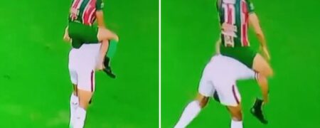 فوتبالیست برزیلی روی یکی از بازیکنان حریف پرید و تظاهر به اسب سواری کرد + ویدیو