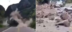 لحظه‌ی ترسناک سقوط تخته سنگ‌های بزرگ روی کامیون‌های در حال حرکت در پرو + ویدیو