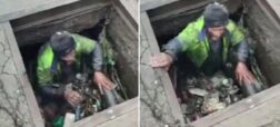تصاویری تلخ از یک کارگر شهرداری درحال تمیز کردن کانال آب + ویدیو