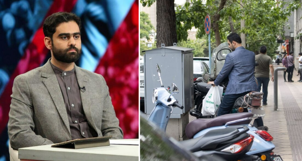 تصویر امیرحسین ثابتی در حال پارک کردن موتورسیکلت در پیاده‌ رو حاشیه ساز شد