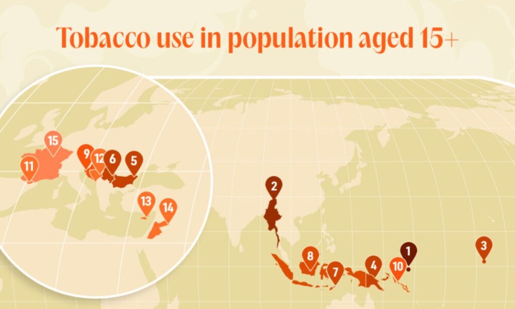 ۱۵ کشور جهان که بیشترین سیگاری ها را دارند + نقشه