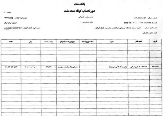 سند واریز پول به حساب احمدی نژاد