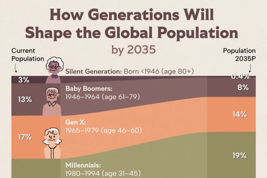 سهم نسل‌های مختلف در جمعیت جهان تا سال ۲۰۳۵ + اینفوگرافی