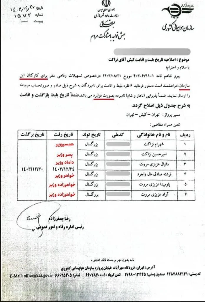 سند سفر مجانی خانواده فرزانه صادق به کیش