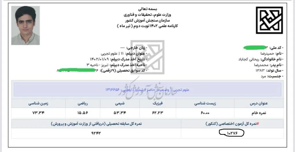 کارنامه کنکور