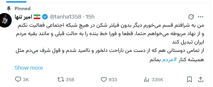 توییت امیر تنها