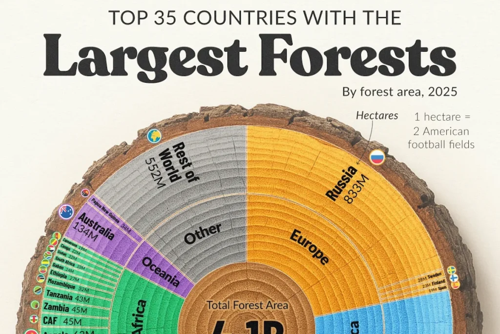 اینفوگرافی کشورهایی که بیشترین سهم را از جنگل‌های کره زمین دارند + جایگاه ایران