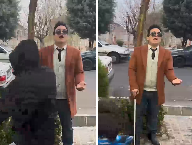دوربین مخفی بامزه مردی که ادای افراد نابینا را در می‌آورد + ویدیو