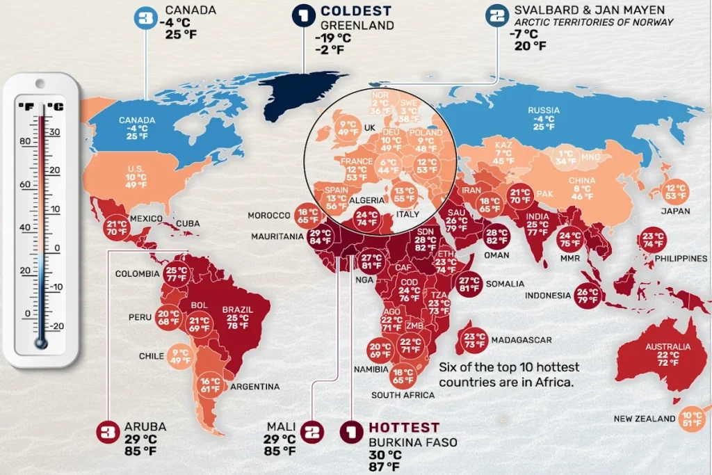 گرم‌ترین و سردترین کشورهای جهان بر اساس دمای میانگین سالانه + اینفوگرافی