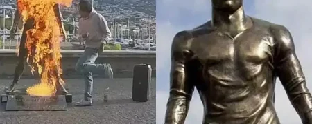 لحظه عجیب آتش‌زدن مجسمه کریستیانو رونالدو در شهر زادگاهش + ویدیو