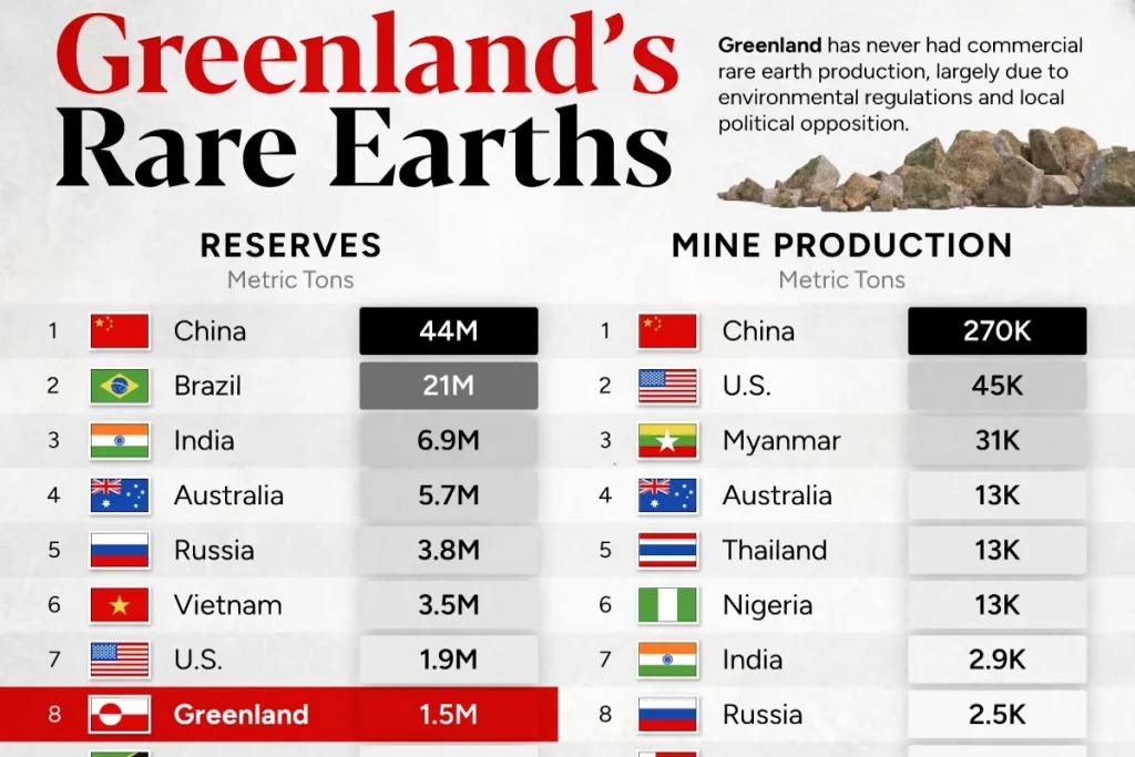 مقایسه ذخایر عناصر نادر خاکی گرینلند با دیگر کشورهای جهان + اینفوگرافی