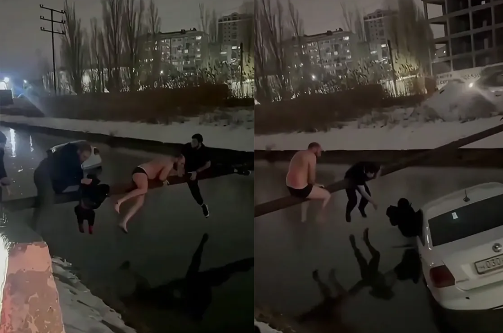 نجات نفس‌گیر کودک از تاکسی در حال غرق شدن در کانال یخ‌زده در داغستان + ویدیو