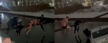 نجات نفس‌گیر کودک از تاکسی در حال غرق شدن در کانال یخ‌زده در داغستان + ویدیو