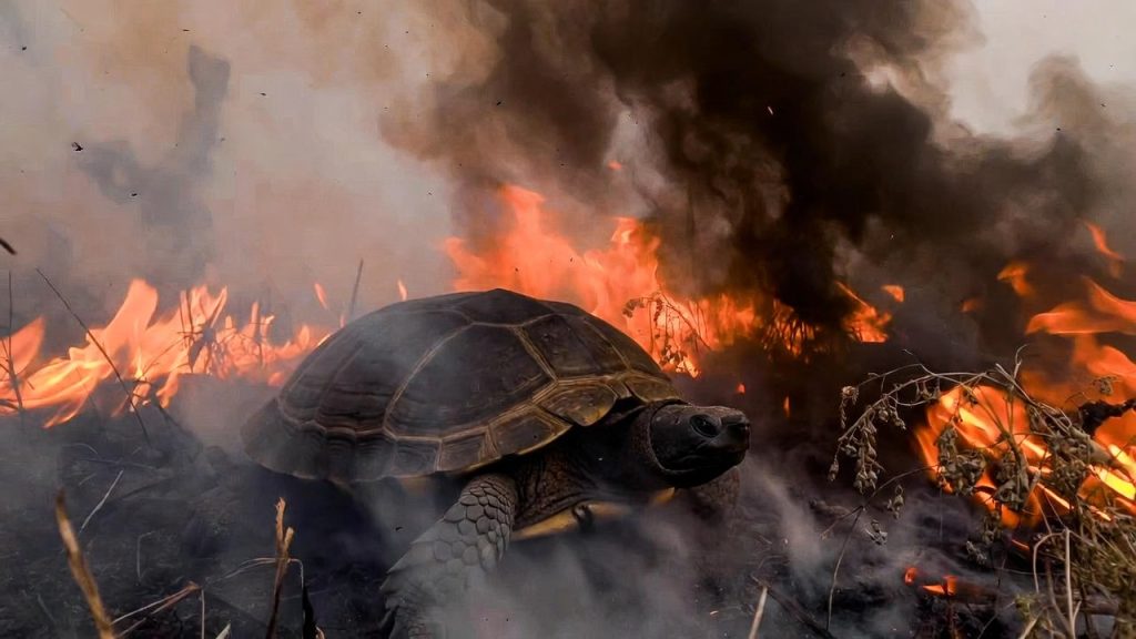 فرار معجزه‌آسای لاک‌پشت از آتش؛ نجات دقیقه نودی از میان شعله‌ها + ویدیو