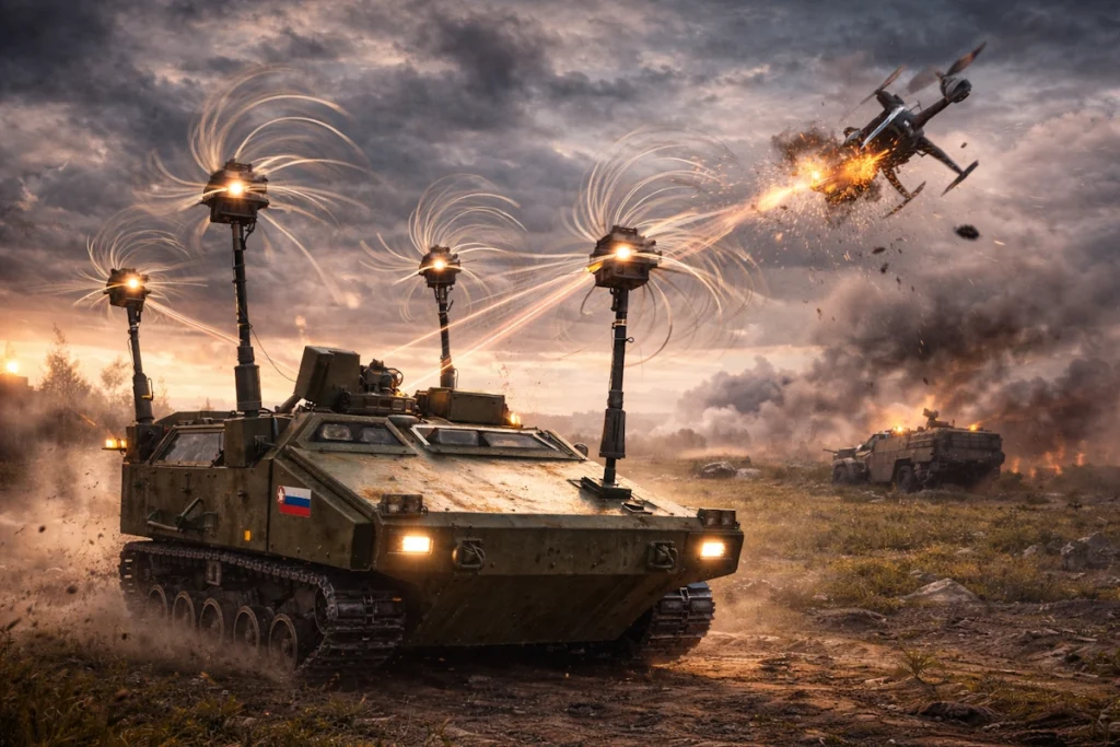 رونمایی نیروهای روسیه از زره‌پوش ضد پهپاد جدید عجیب با کابل‌های چرخان + ویدیو