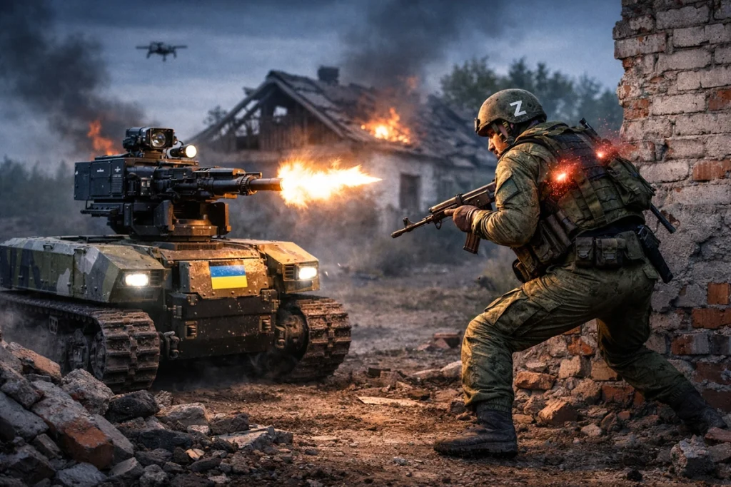 رویارویی ربات مسلسل‌دار اوکراینی با سرباز روسی در شهر ویران شده + ویدیو