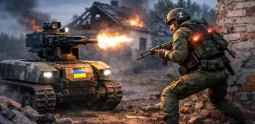 رویارویی ربات مسلسل‌دار اوکراینی با سرباز روسی در شهر ویران شده + ویدیو