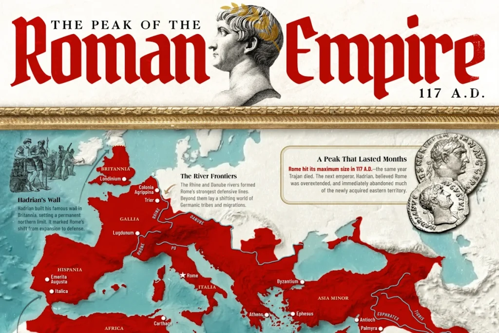 نقشه دوران اوج روم باستان در سال ۱۱۷ میلادی با بیشترین تصرفات + اینفوگرافی