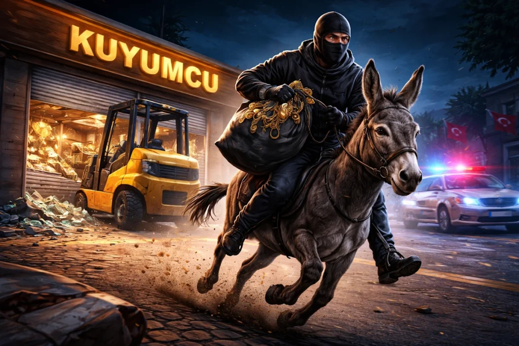 سرقت از جواهرفروشی با لیفتراک و فرار ناموفق سارق سوار بر الاغ در ترکیه + ویدیو
