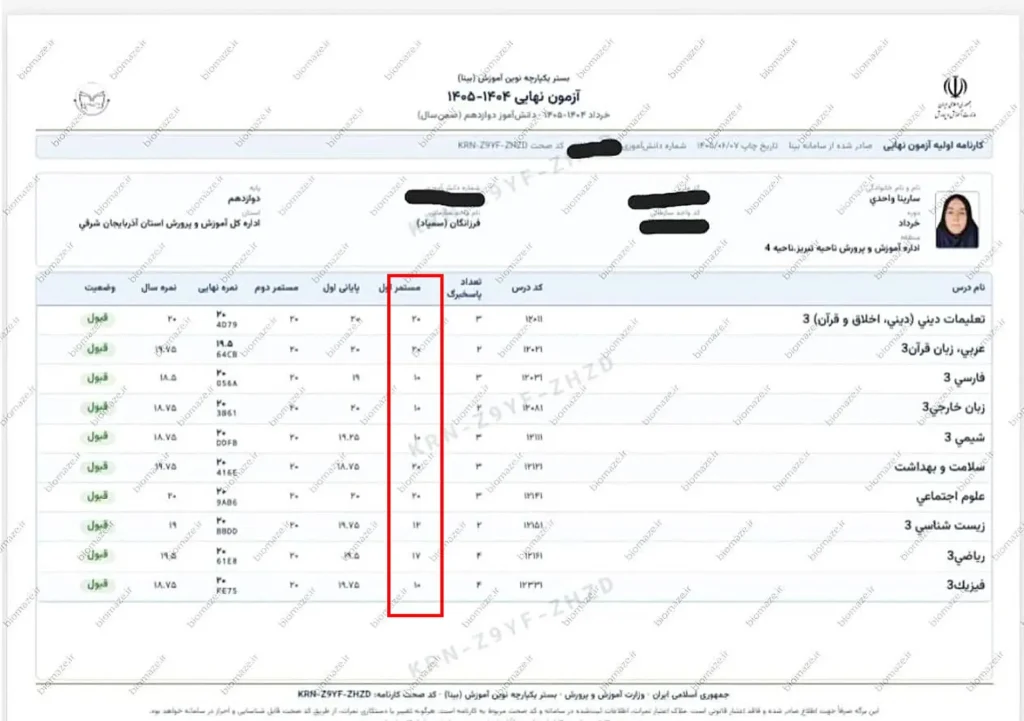 نمرات کارنامه مدرسه سارینا واحدی